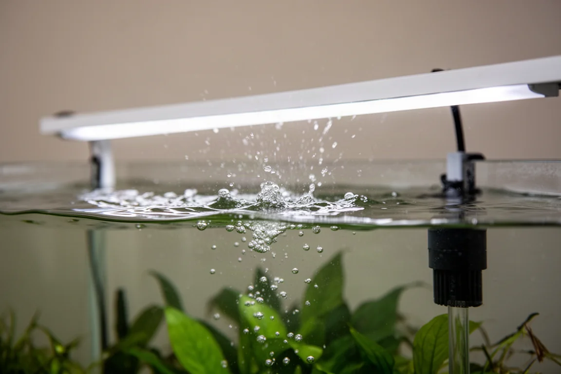 Nahaufnahme eines in die Aquarium-Abdeckung integrierten LED-Streifens, der über Wasseroberfläche und grünen Pflanzen leuchtet