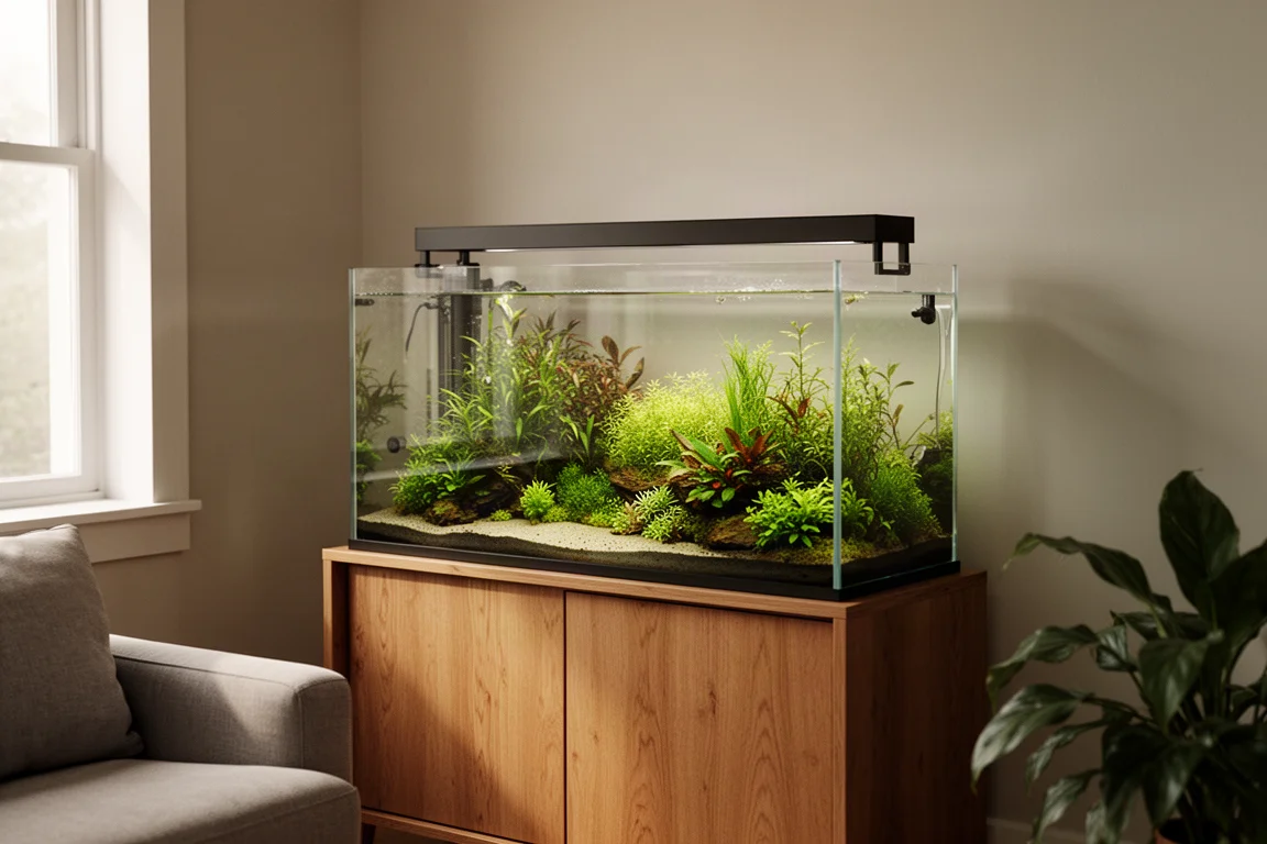 Bepflanztes Aquarium mit klarem Wasser und einem Schwarm kleiner Tetras zwischen grünen Stängeln