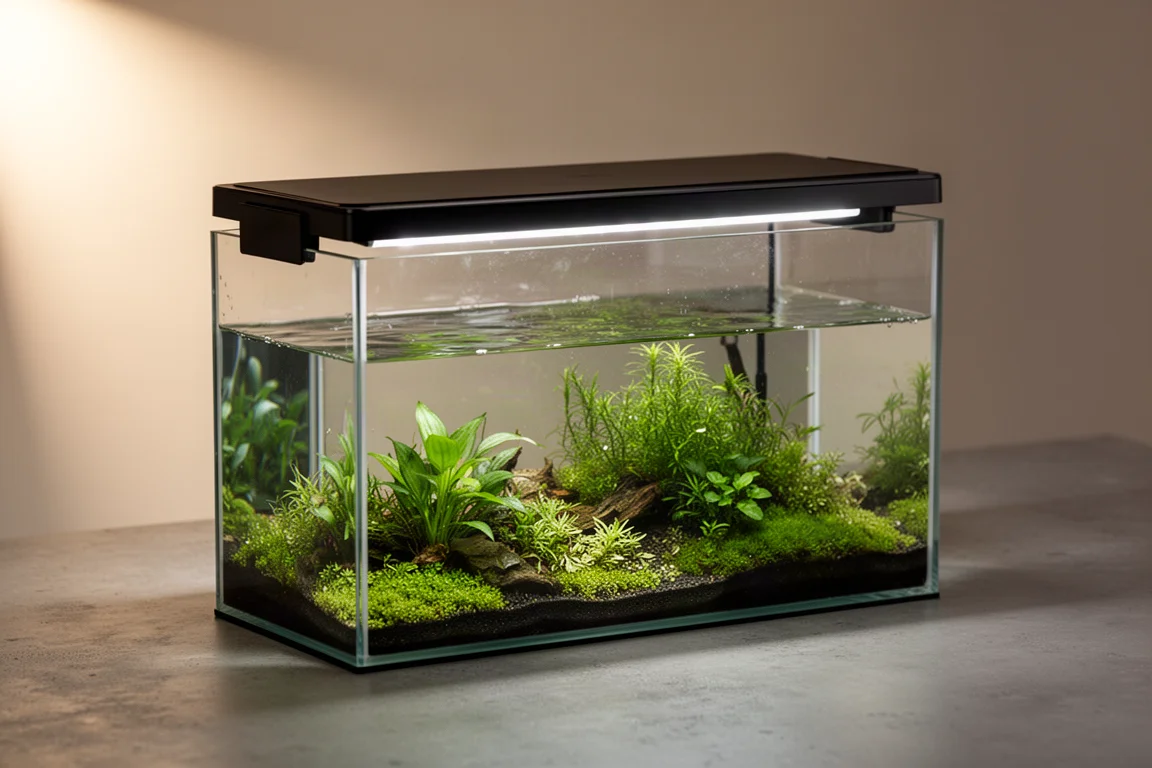 Acquario piantumato con cornice nera e coperchio su misura su un mobile in legno