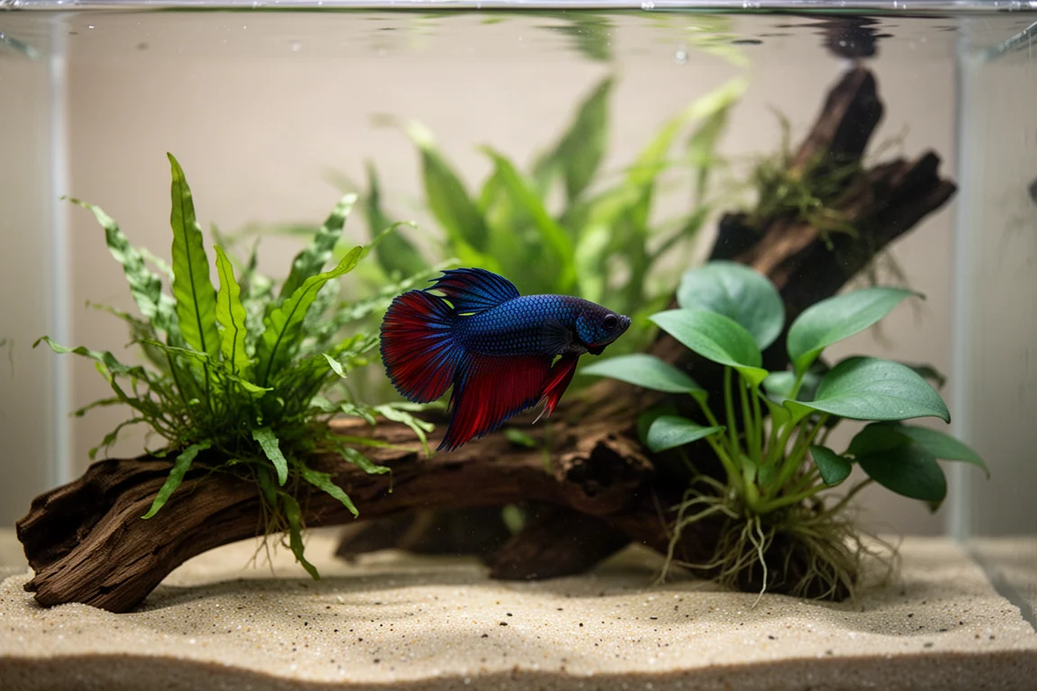 Betta fish swimming between java fern and anubias in a planted aquarium