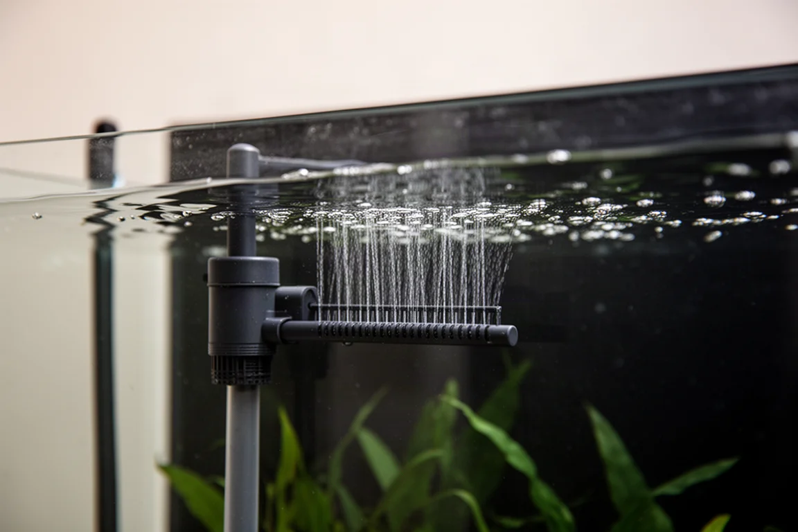 Aquarium filter spray bar rippling the water surface in a planted tank