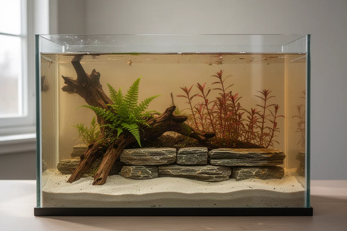 Freshly planted 60 cm aquarium with sand foreground and dragon stone wall