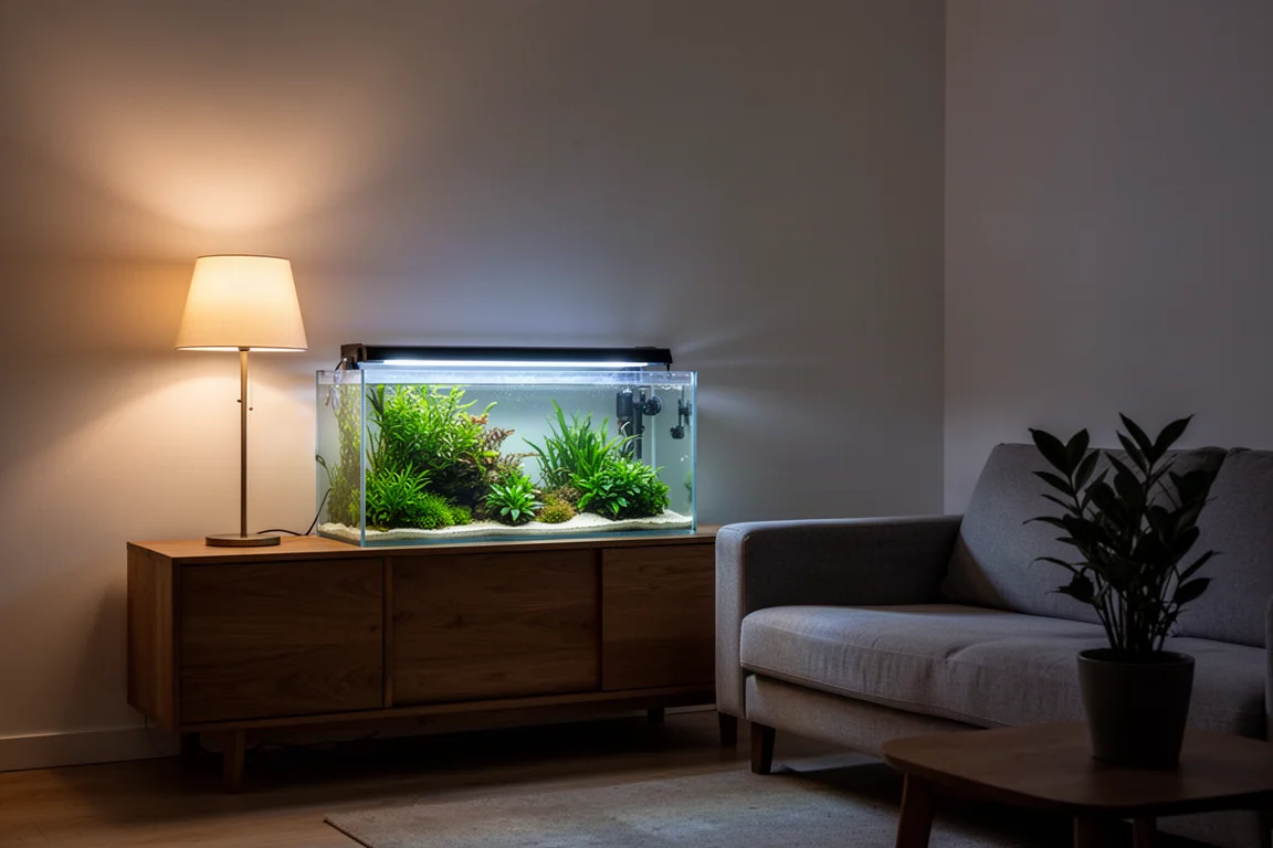 Softly lit planted aquarium glowing in a calm living room at dusk