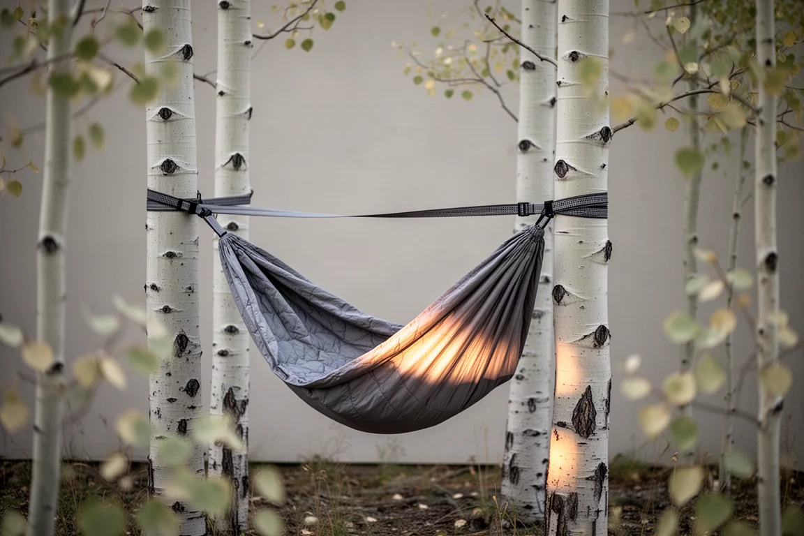 Gray hammock hung between aspen trunks with tree straps and quilted underside in golden light