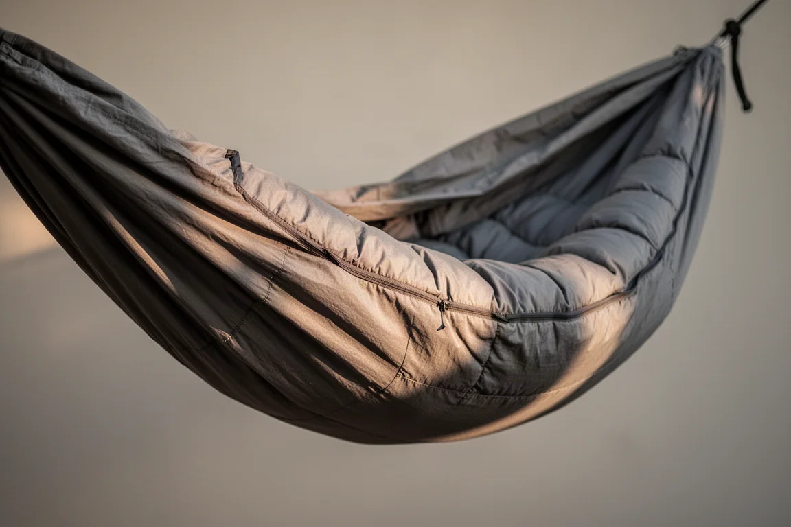 Low angle view of a hung hammock showing the quilted insulated layer sewn along its underside