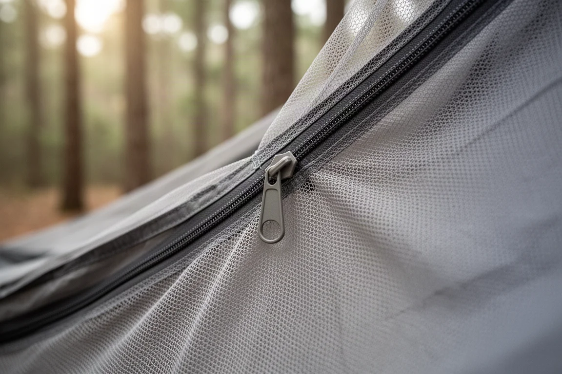 Close detail of a mesh bug net zipper along the edge of a gray camping hammock