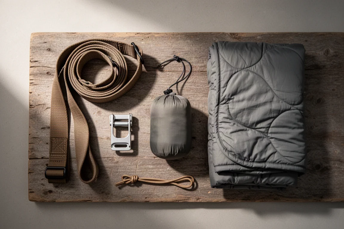 Overhead flat lay of tree straps, cinch buckle, stuff sack, and folded quilt on wood