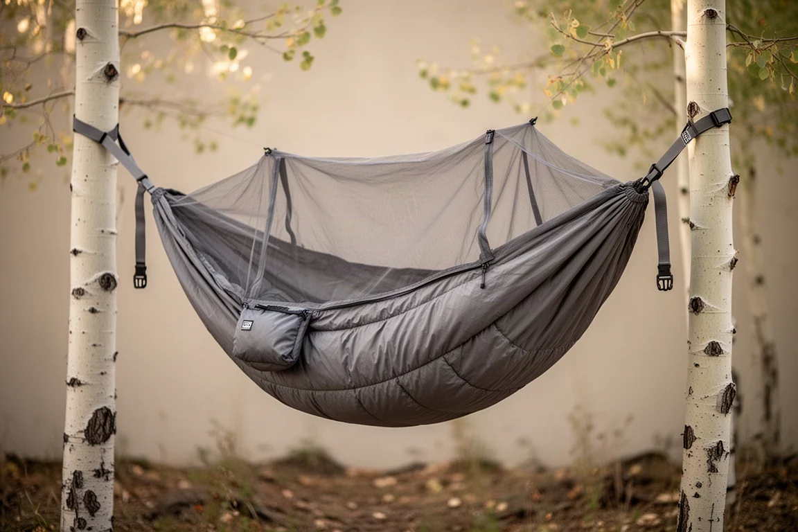 Gray integrated under quilt hammock hung between aspen trunks with bug net zipped shut