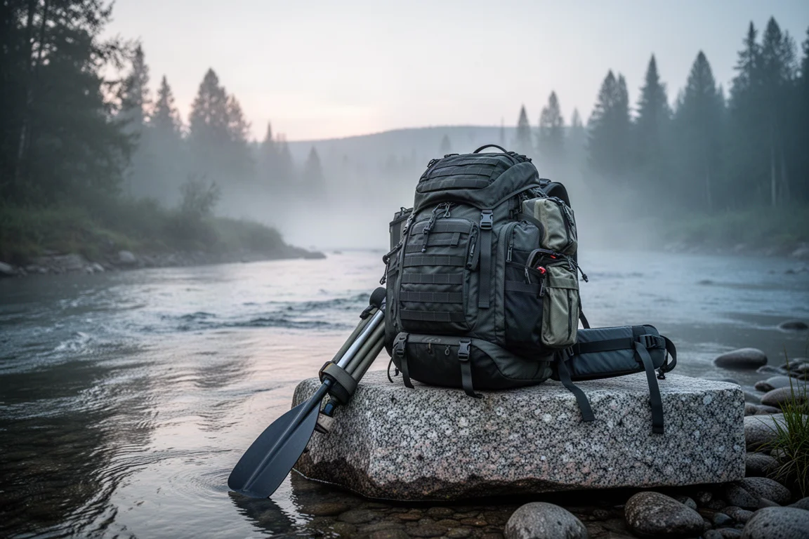 Palista en una orilla de grava junto a una mochila cargada y una pequeña packraft