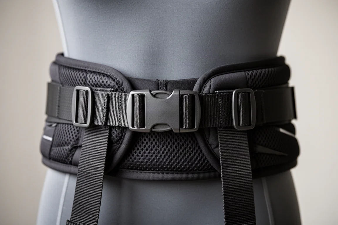 Primer plano del cinturón lumbar de una mochila, un varilla de aluminio y puntos de anclaje de cintas
