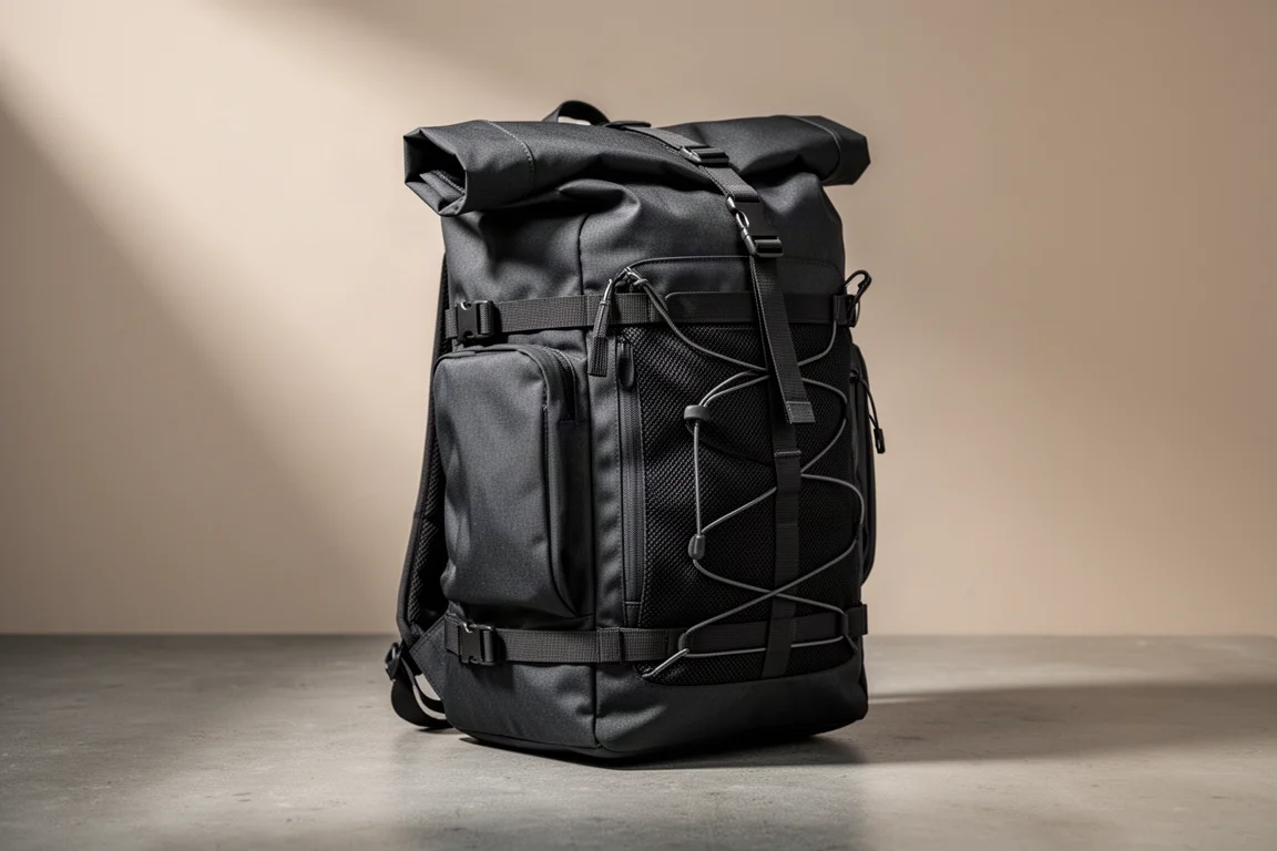 Large olive-grey roll-top backpacking pack standing upright on a concrete surface