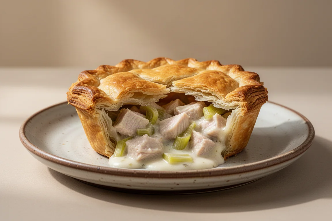 Einzelne Hähnchen-Porree-Pastete mit goldbraunem Blätterteig, angeschnitten