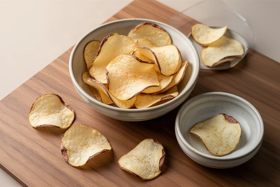 Schale mit leicht gesalzenen Kartoffelchips, deutlich sichtbar gewürzt