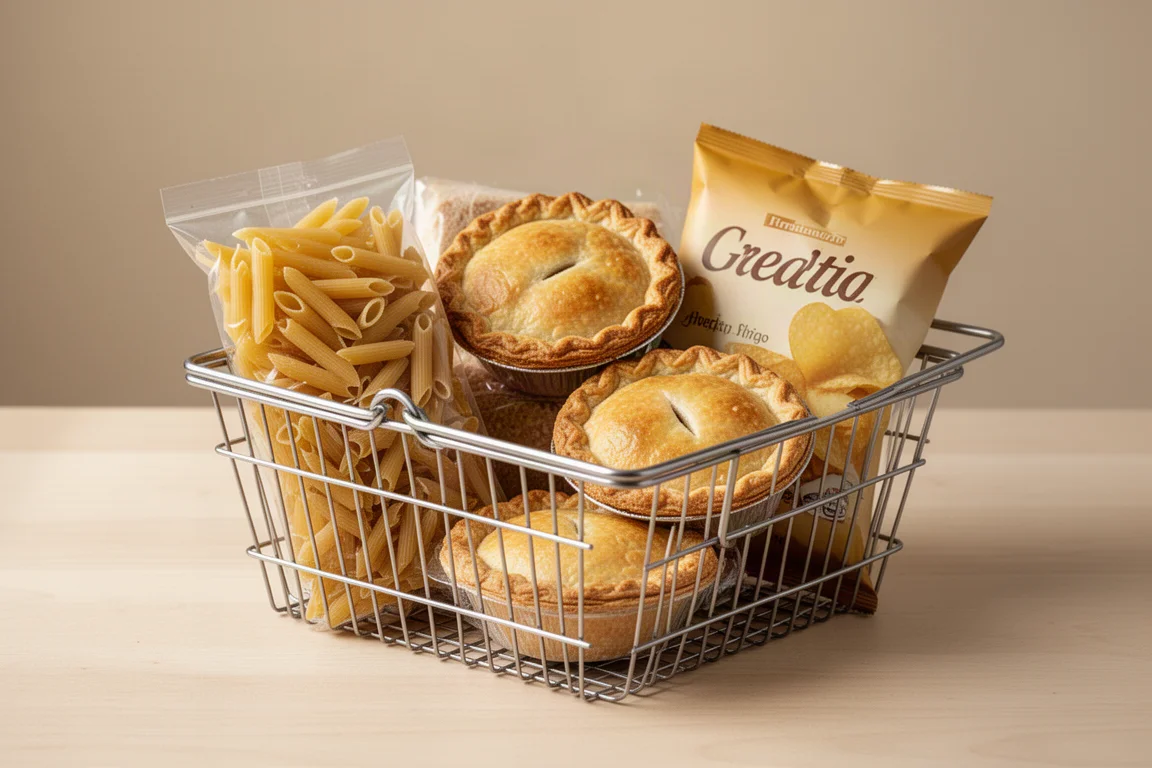 Einkaufskorb mit Trockenpasta, Pasteten und Chips