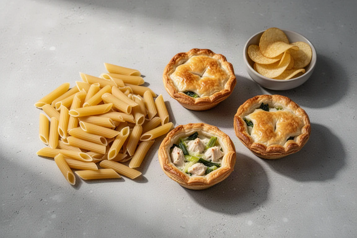コンクリートの上に置かれた乾燥ペンネ、チキンとリーキのパイ、ボウルに入ったポテトチップスのフラットレイ