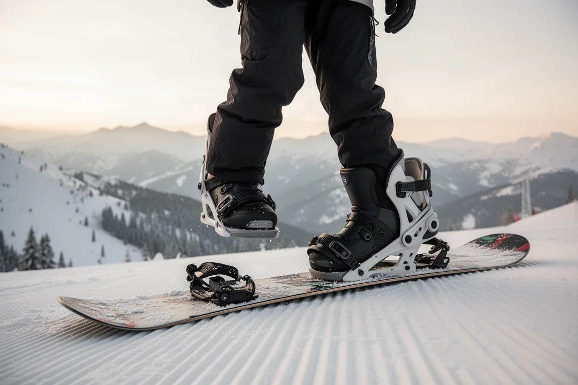 Snowboarder stepping into a binding on a snowy slope in soft daylight