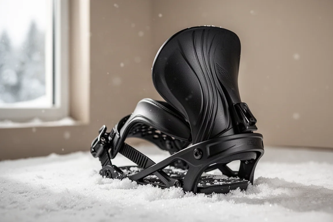 Close-up of a snowboard binding highback flexing under hand pressure