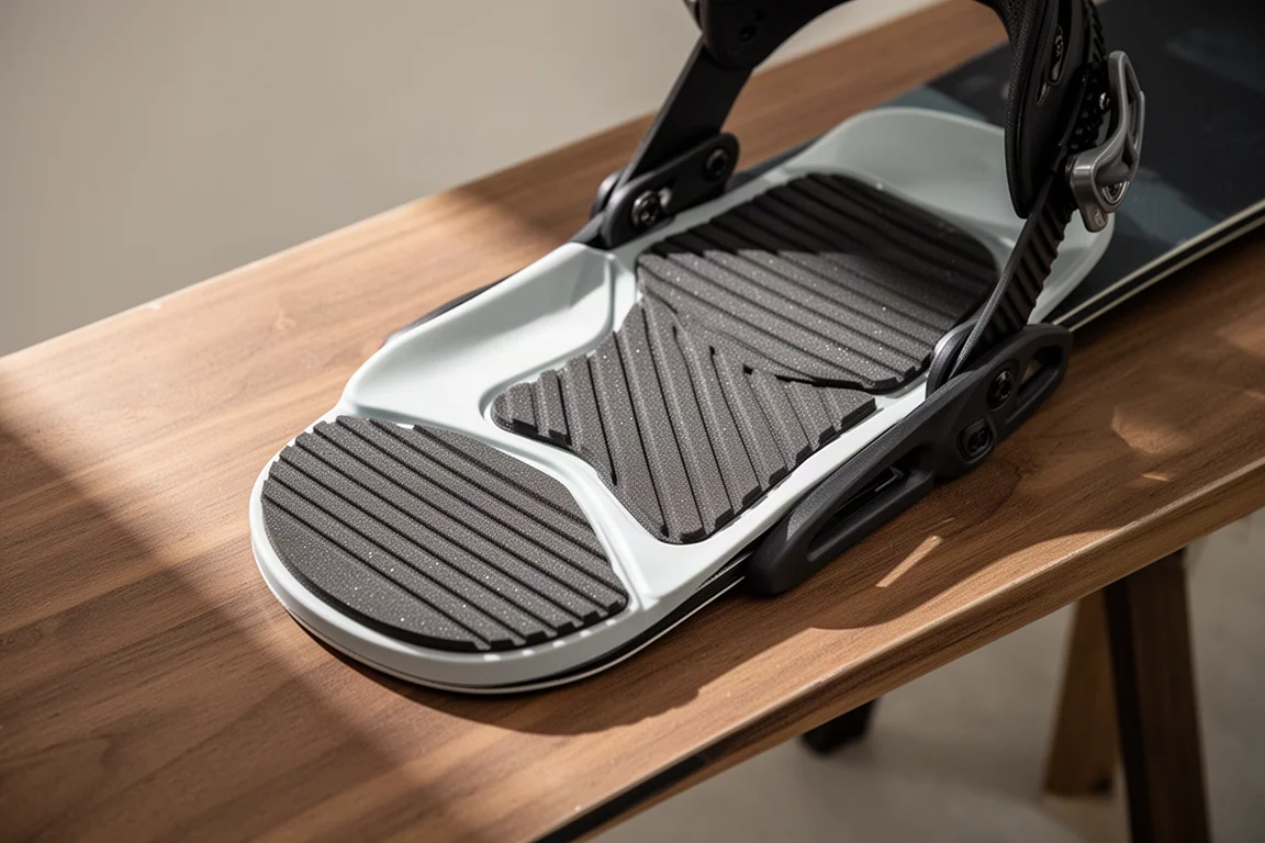 Foot pad and strap detail of a snowboard binding on a wooden bench