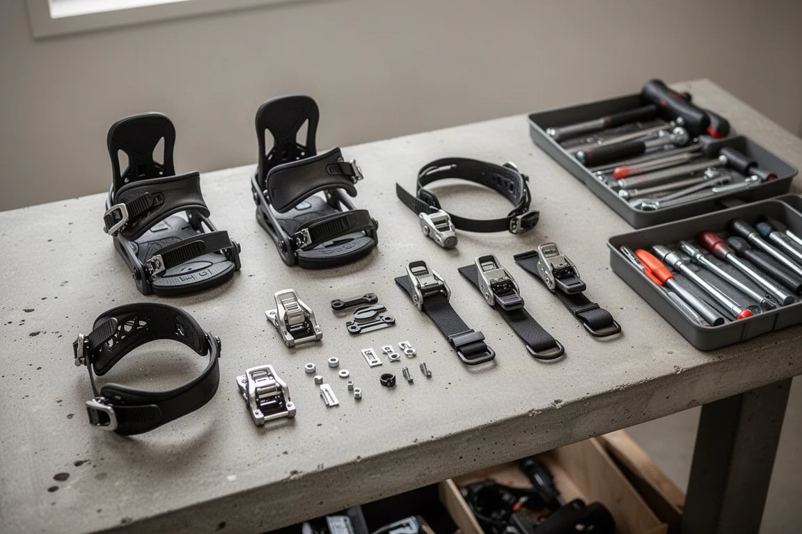 Snowboard bindings and spare parts laid out on a workshop bench
