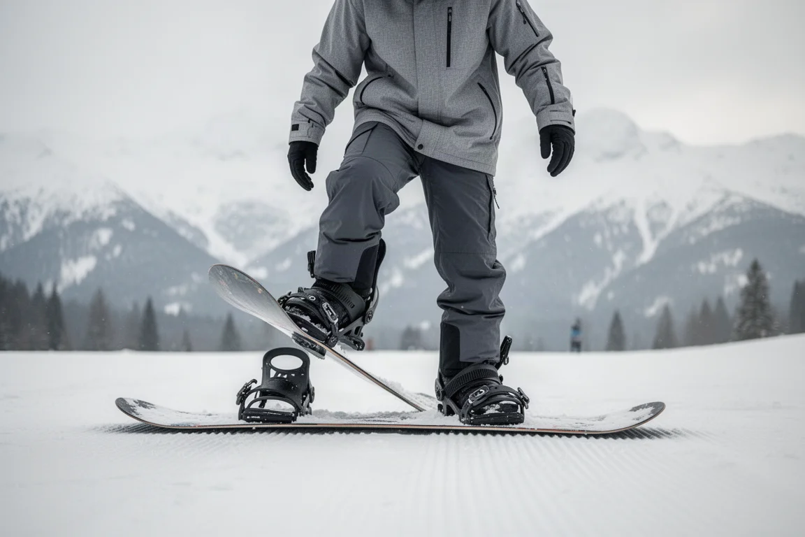 Snowboarder stepping into a rear-entry binding on a flat piste