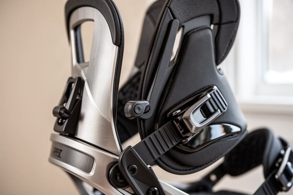 Close-up of a binding highback folded down and a rear lever mechanism