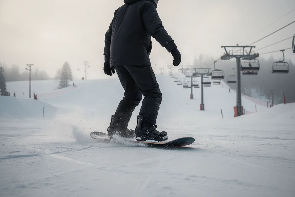 Snowboarder gliding across a flat run to reach a lift line