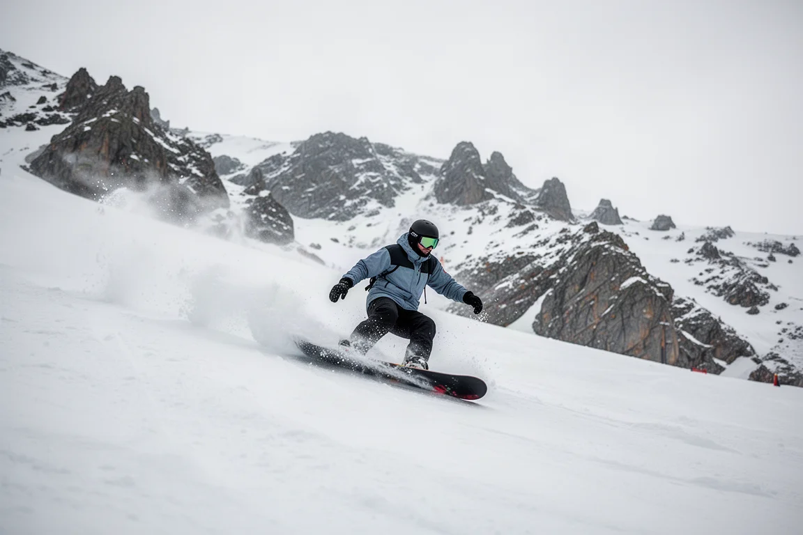 Rider carving hard on an icy piste under cold overcast light