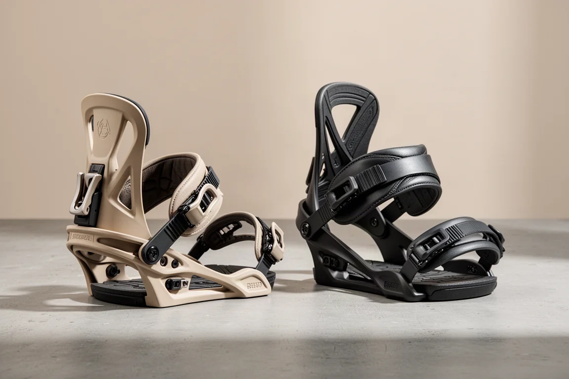 Two snowboard bindings side by side on a concrete surface
