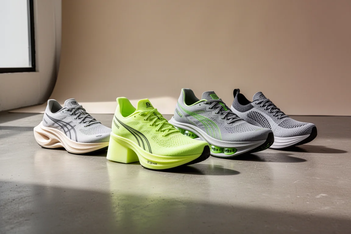 Four racing super shoes arranged in a row on a concrete studio floor