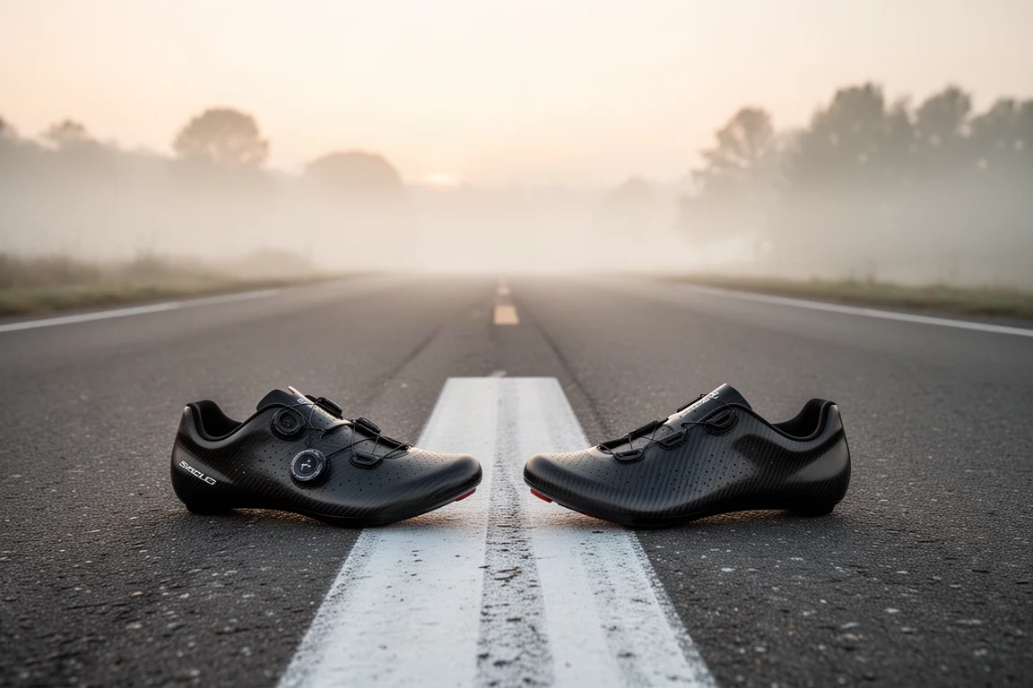Buty startowe ułożone obok linii startu w cichy poranek zawodowy