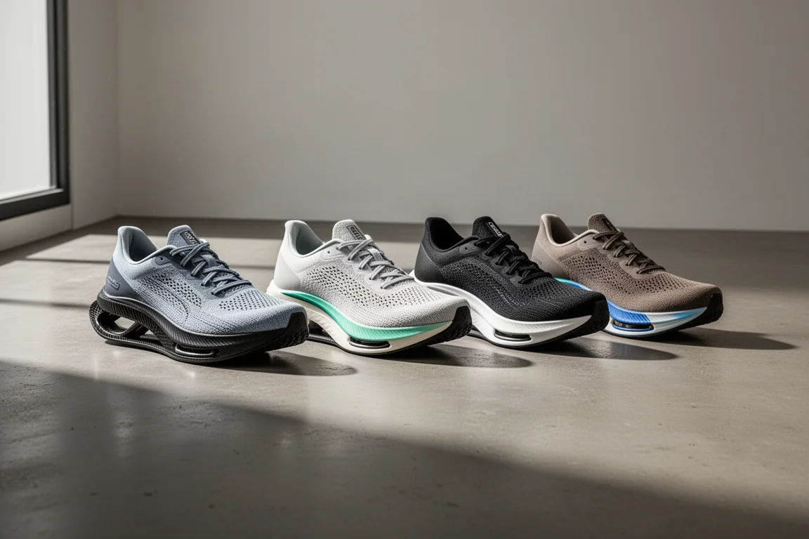 Vier Carbon-Rennschuhe in einer Reihe auf einem Betonstudio-Boden