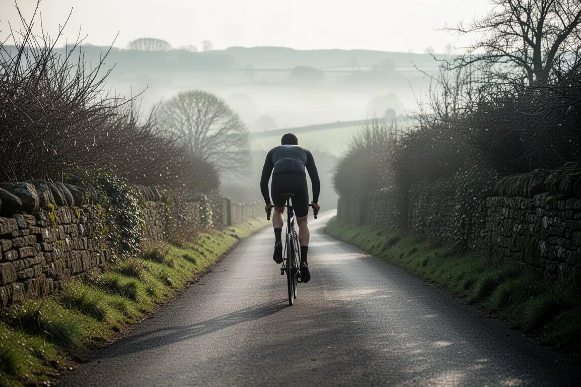 Cyclist climbing a steep country lane out of the saddle in early morning light