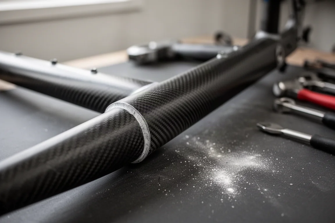 Close-up of bare carbon fibre bicycle frame tube with visible weave on a workbench