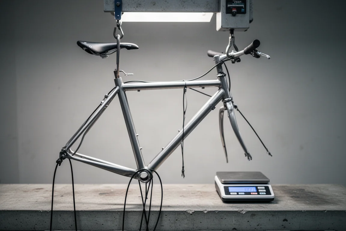 Road bike frame hanging from a workshop scale hook with wheels removed