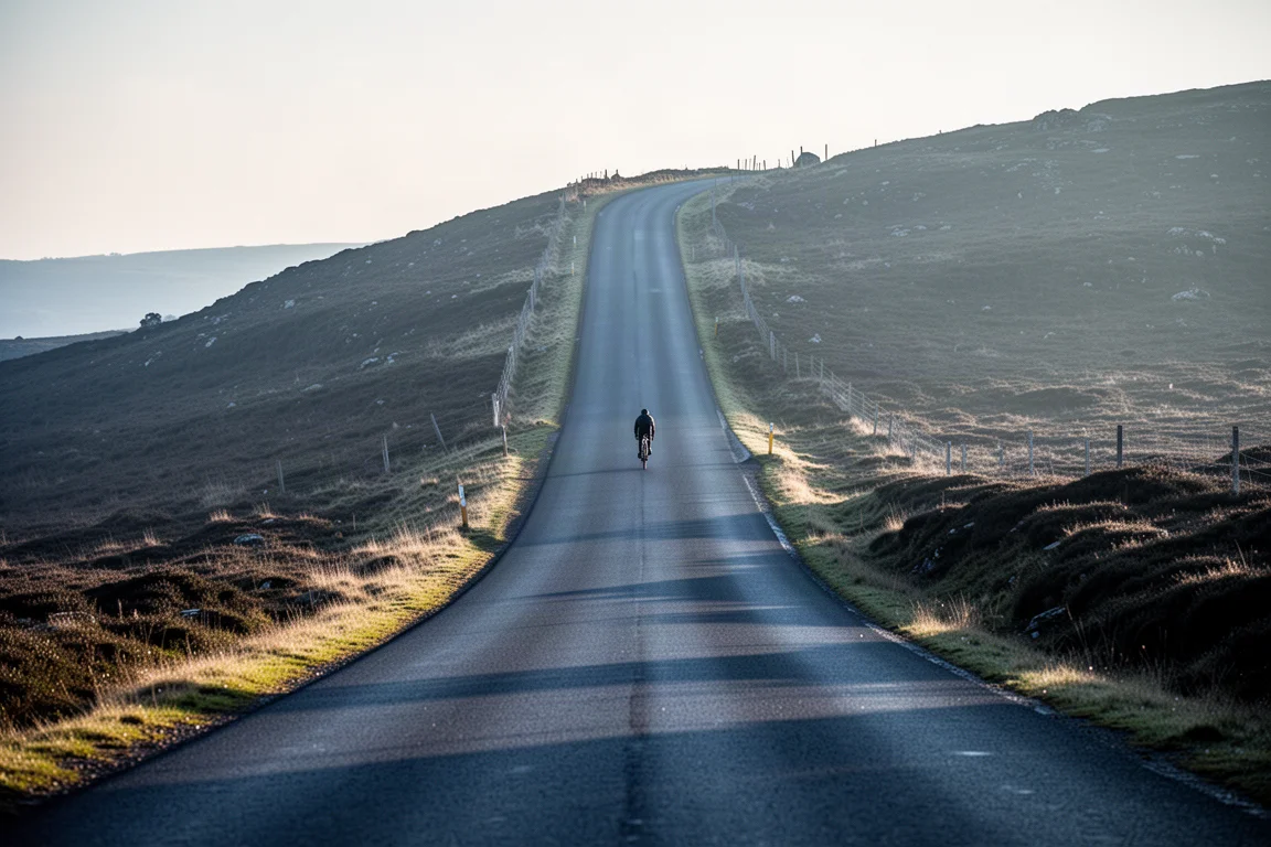 Steep empty hill climb road winding through moorland with a distant cyclist silhouette