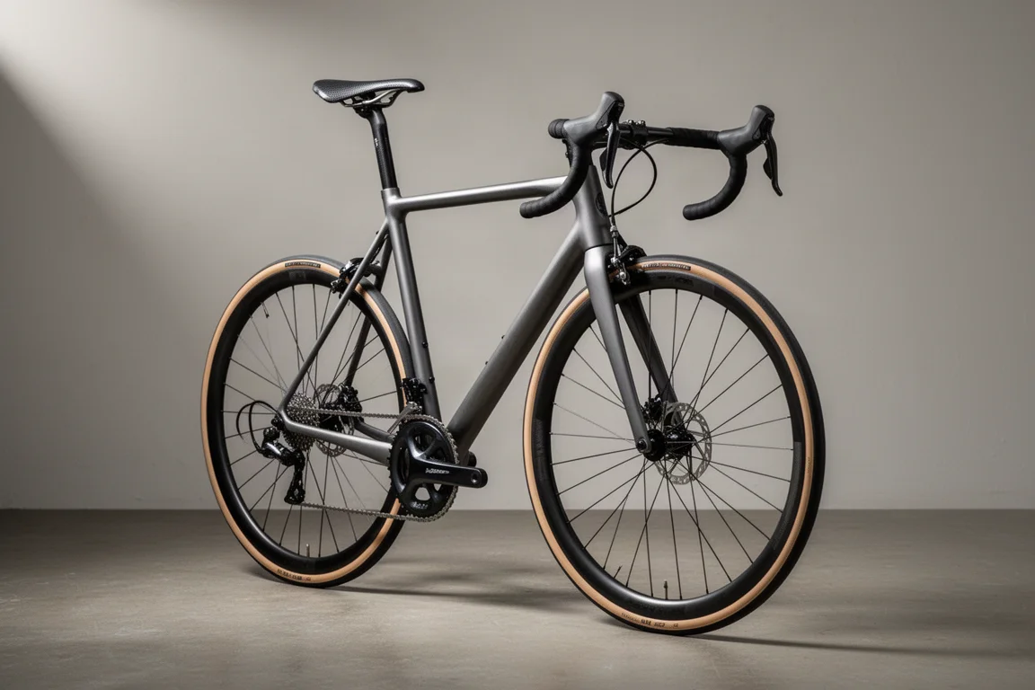 Lichte racefiets met velgremmen en blank carbon frame op een betonnen ondergrond