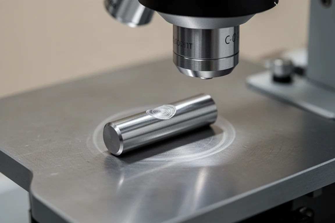 Vue au microscope d'une broche d'essai métallique présentant une trace d'usure visible