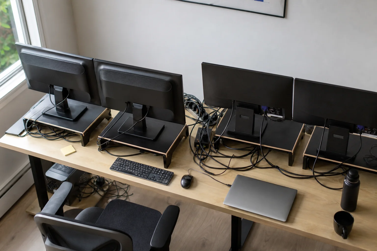 Espacio de trabajo con soportes de monitor que ocupan mucho espacio en la superficie