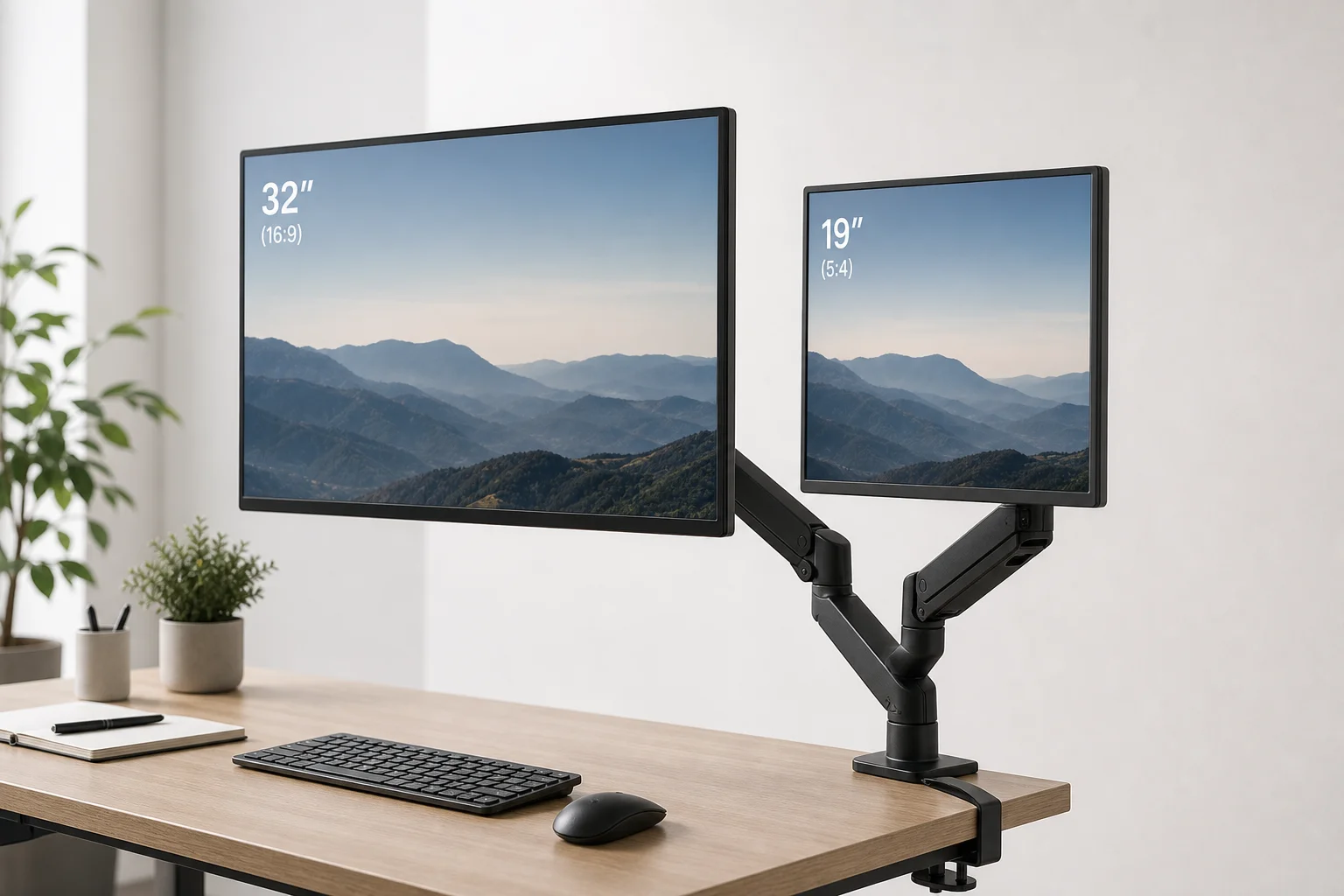 Braccio per doppio monitor Suptek MD8SP con due monitor montati all'altezza degli occhi su una scrivania