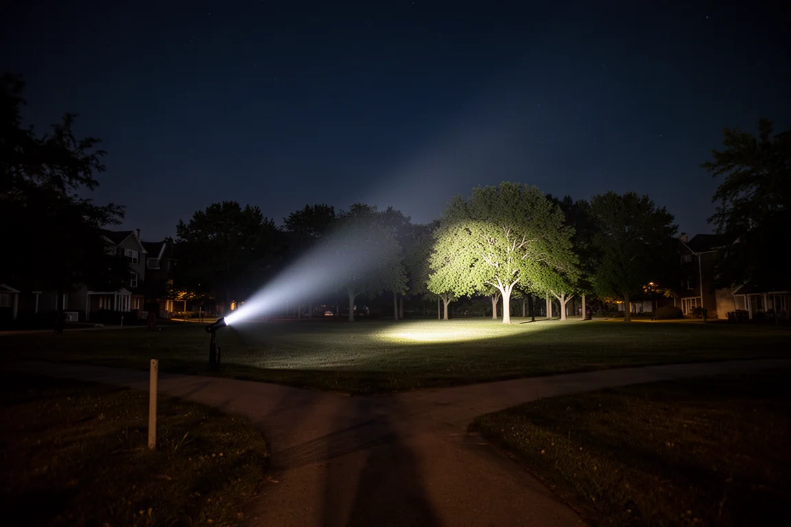 Bright focused flashlight beam reaching far across a dark park at night