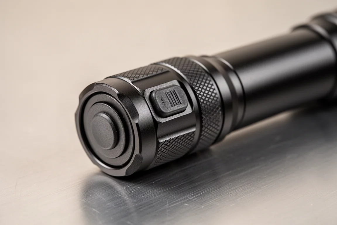 Close-up of a flashlight tail cap with click switch and quarter-turn safety ring