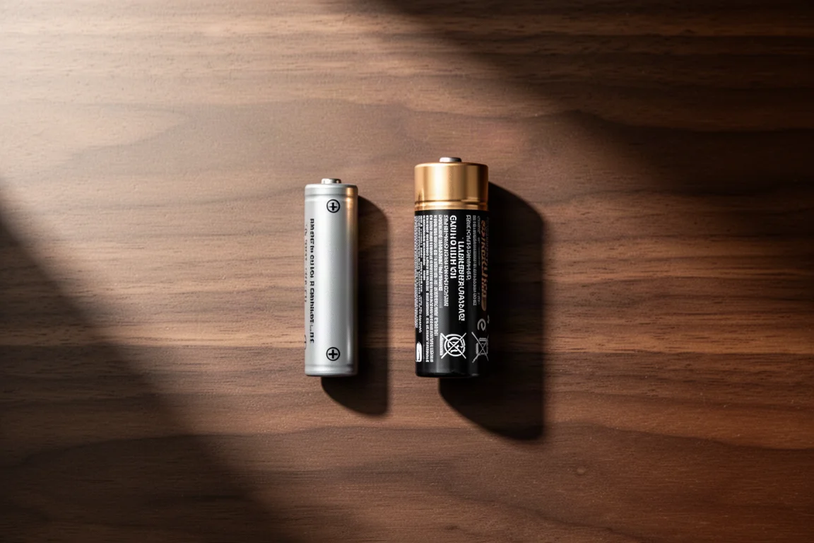 Two different rechargeable and disposable batteries side by side on a desk