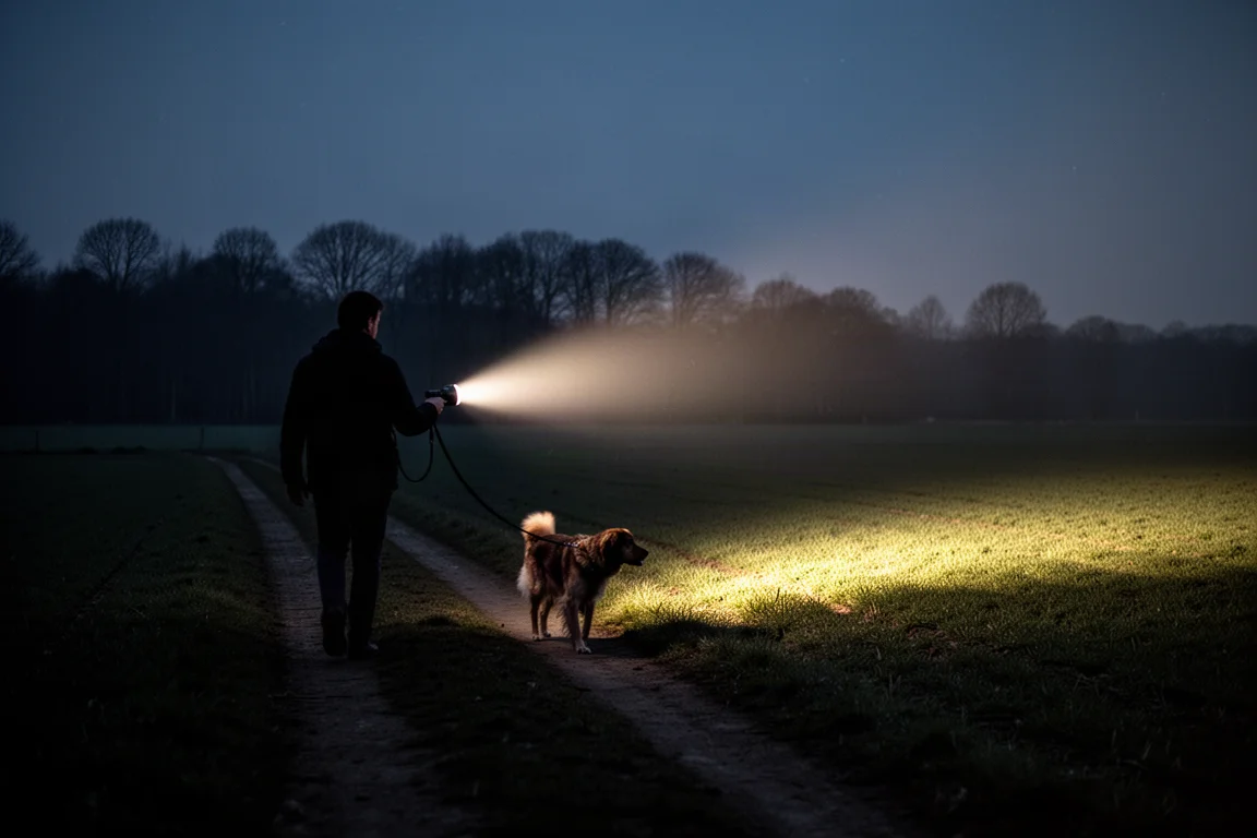 Person walking a dog at night along a dark field path lit by a flashlight