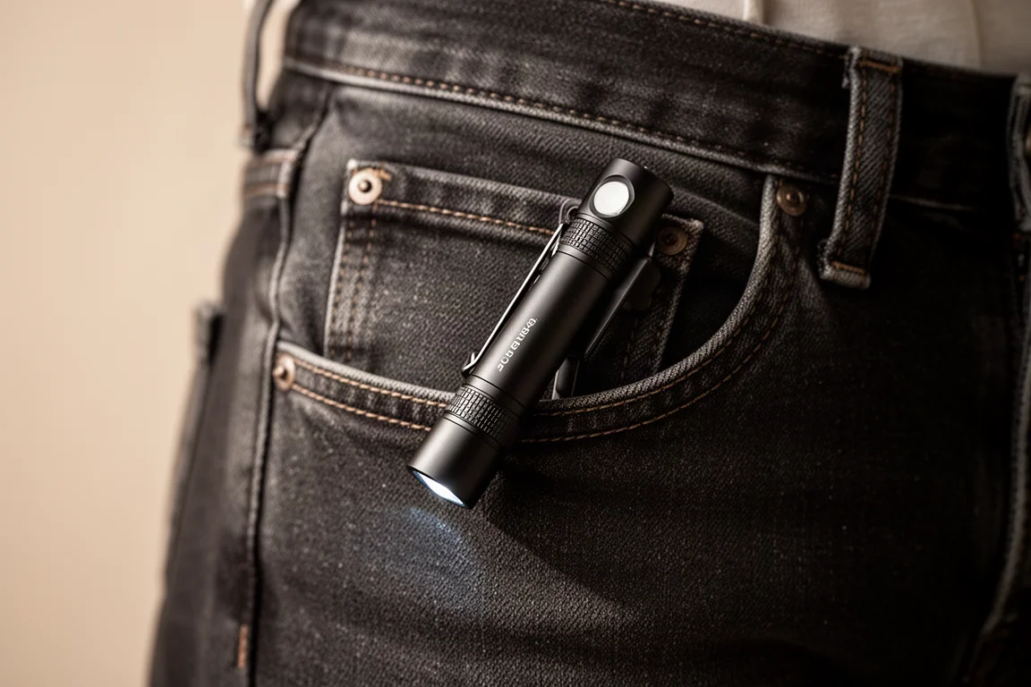 Slim black flashlight clipped into a denim jeans pocket
