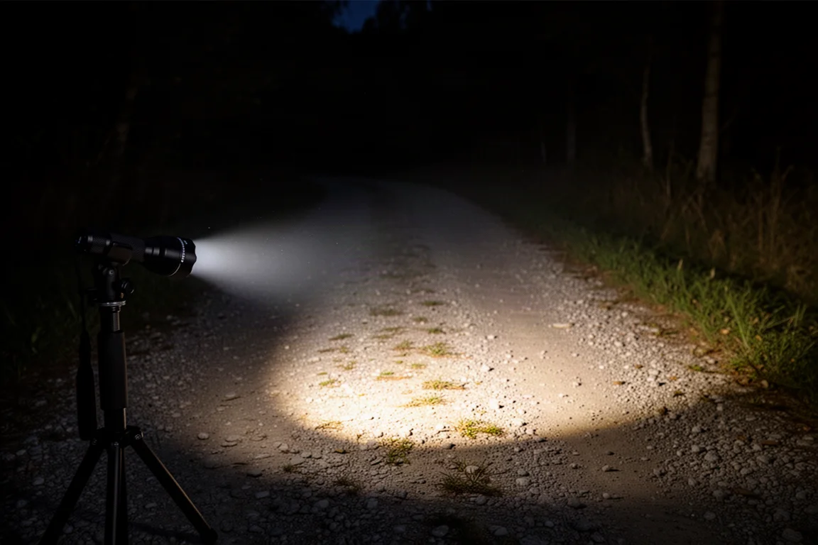 Flashlight beam illuminating a dark path outdoors