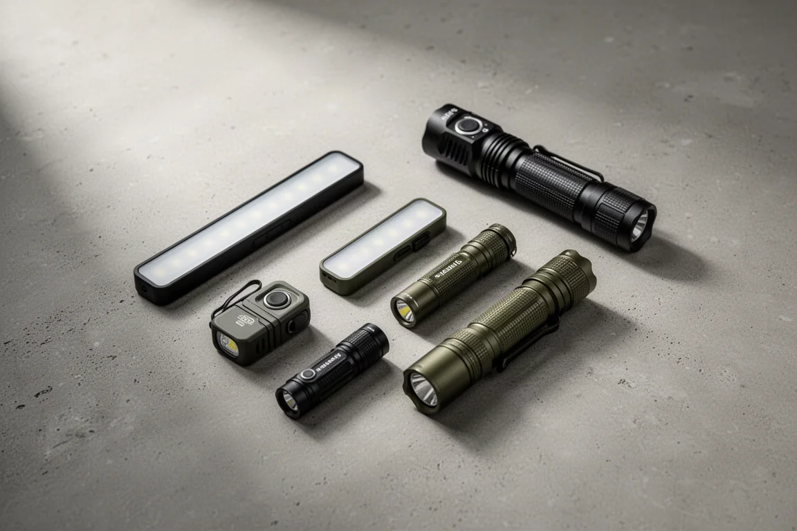 Flat lay of assorted compact flashlights on a concrete surface