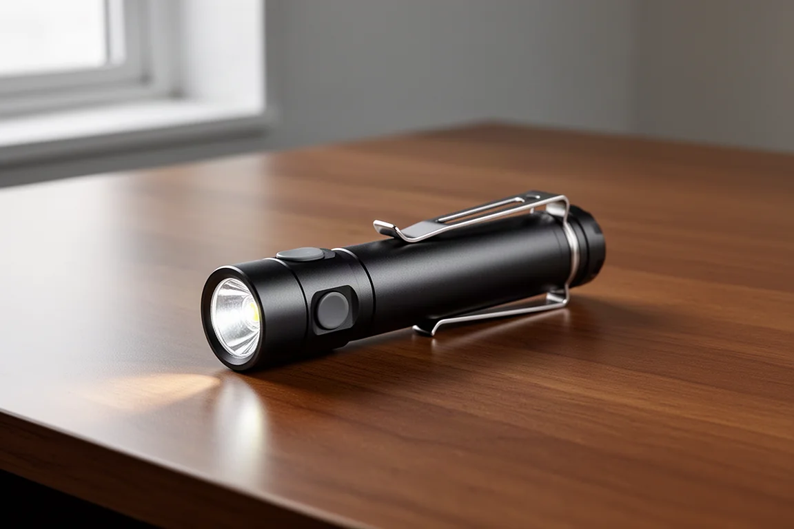 纖薄的黑色 SureFire Stiletto Pro 手電筒放在刷紋木桌上