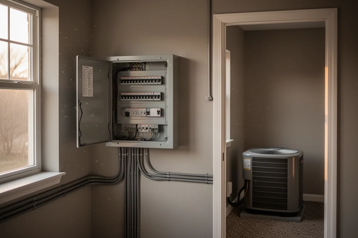 Offener Wohnungsverteiler mit Sicherungen neben einem Klimakondensator in einem Wirtschaftsraum