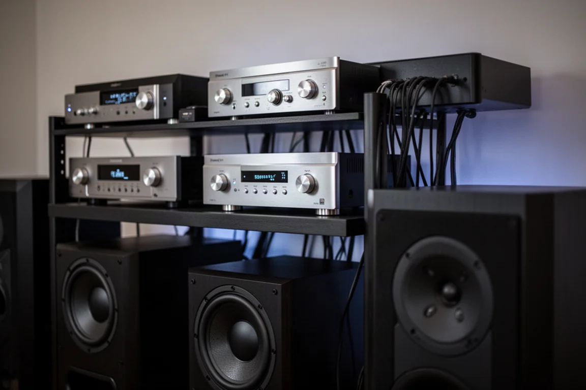 Heimkino-Geräterack mit Verstärkern und einem Subwoofer bei schwachem Umgebungslicht