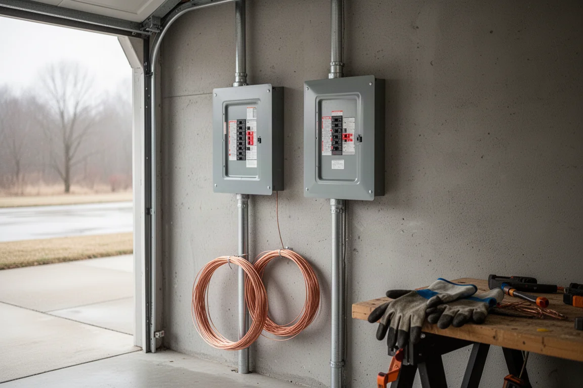 Zwei Wohnungsverteiler nebeneinander in einer Garage mit Leitungsrohr und einer Werkbank